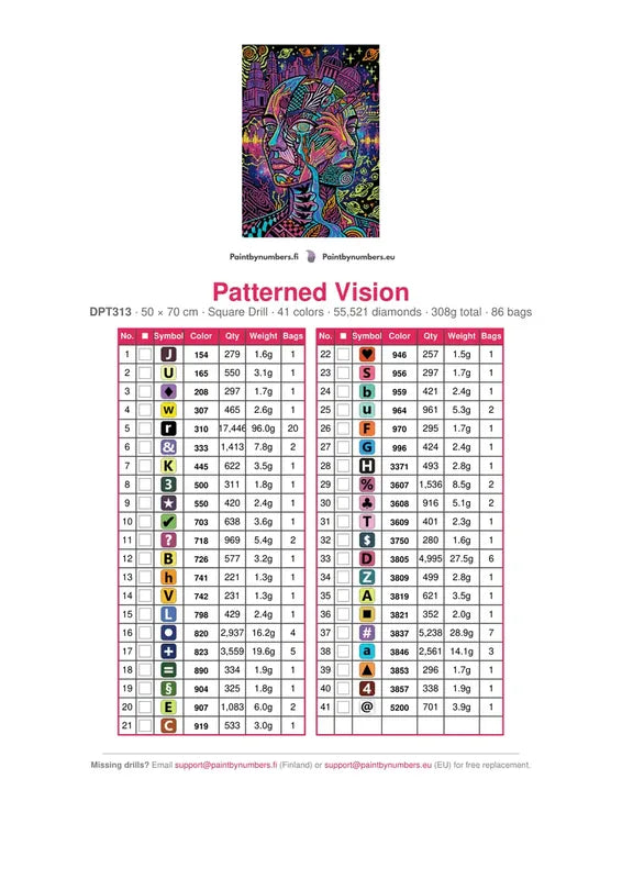 DMC color chart for Patterned Vision diamond painting - 41 colors