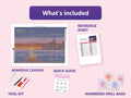 Thumbnail for What is included in the Paused Tape at Dusk diamond painting kit - adhesive canvas, reference sheet, tools and numbered drill bags