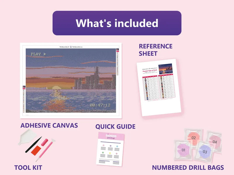 What is included in the Paused Tape at Dusk diamond painting kit - adhesive canvas, reference sheet, tools and numbered drill bags