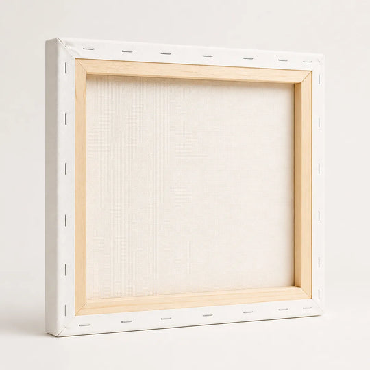 A paint by numbers canvas stretched on a wooden frame, back view