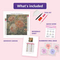 Thumbnail for Peach and White Roses 30x30cm diamond painting kit contents: adhesive canvas, color chart, tools and diamond bags