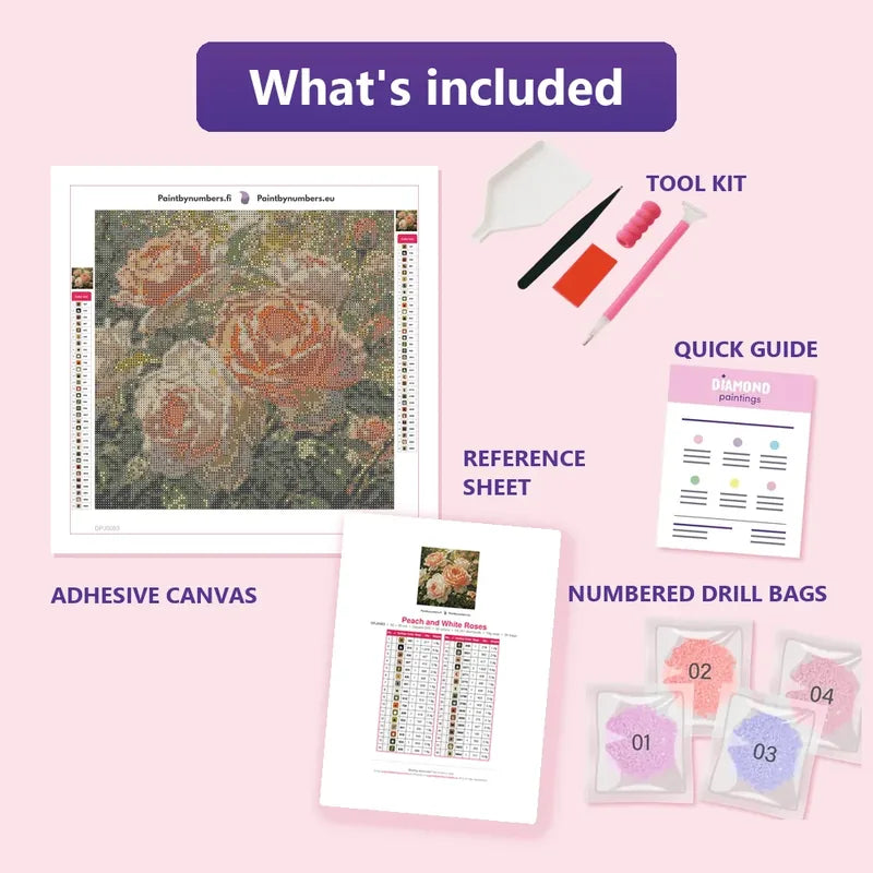 Peach and White Roses 30x30cm diamond painting kit contents: adhesive canvas, color chart, tools and diamond bags