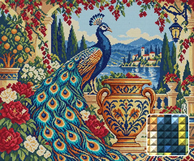 Peacock beside the Amber Urn, 60x50 cm diamond painting – finished design preview with a close-up of square drills