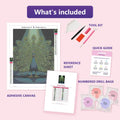 Thumbnail for Peacock Display 30x40cm diamond painting kit contents: adhesive canvas, color chart, tools and diamond bags