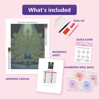 Thumbnail for Peacock Display 30x40cm diamond painting kit contents: adhesive canvas, color chart, tools and diamond bags