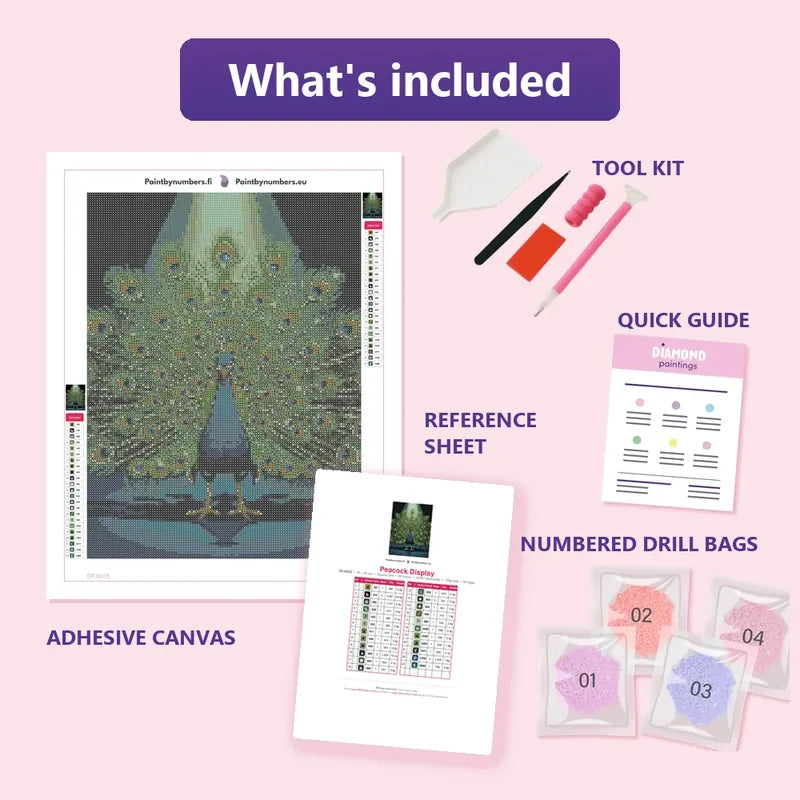 Peacock Display 30x40cm diamond painting kit contents: adhesive canvas, color chart, tools and diamond bags