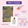 Thumbnail for Peacock in Rose Garden 80x120cm diamond painting kit contents: adhesive canvas, color chart, tools and diamond bags