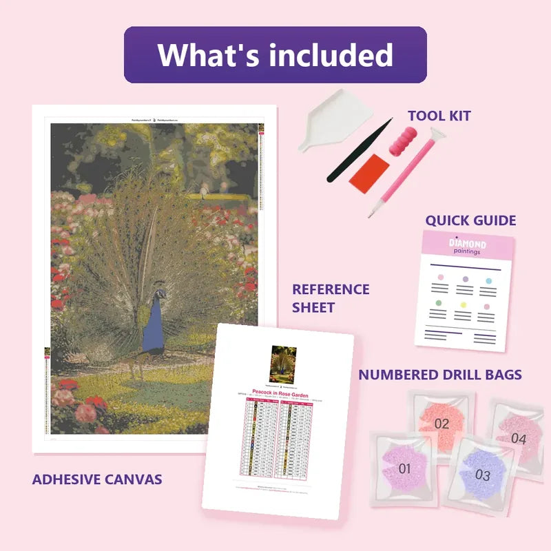 Peacock in Rose Garden 80x120cm diamond painting kit contents: adhesive canvas, color chart, tools and diamond bags