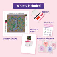 Thumbnail for What is included in the Peacock Jewel diamond painting kit - adhesive canvas, reference sheet, tools and numbered drill bags