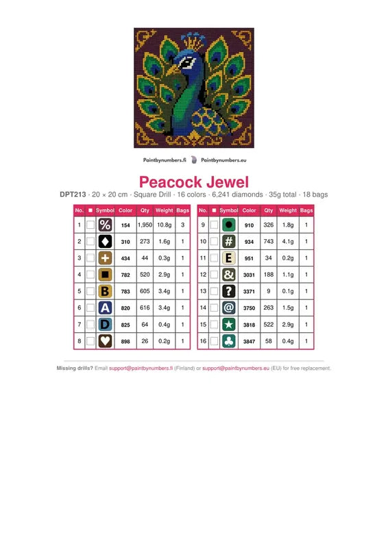 DMC color chart for Peacock Jewel diamond painting - 16 colors