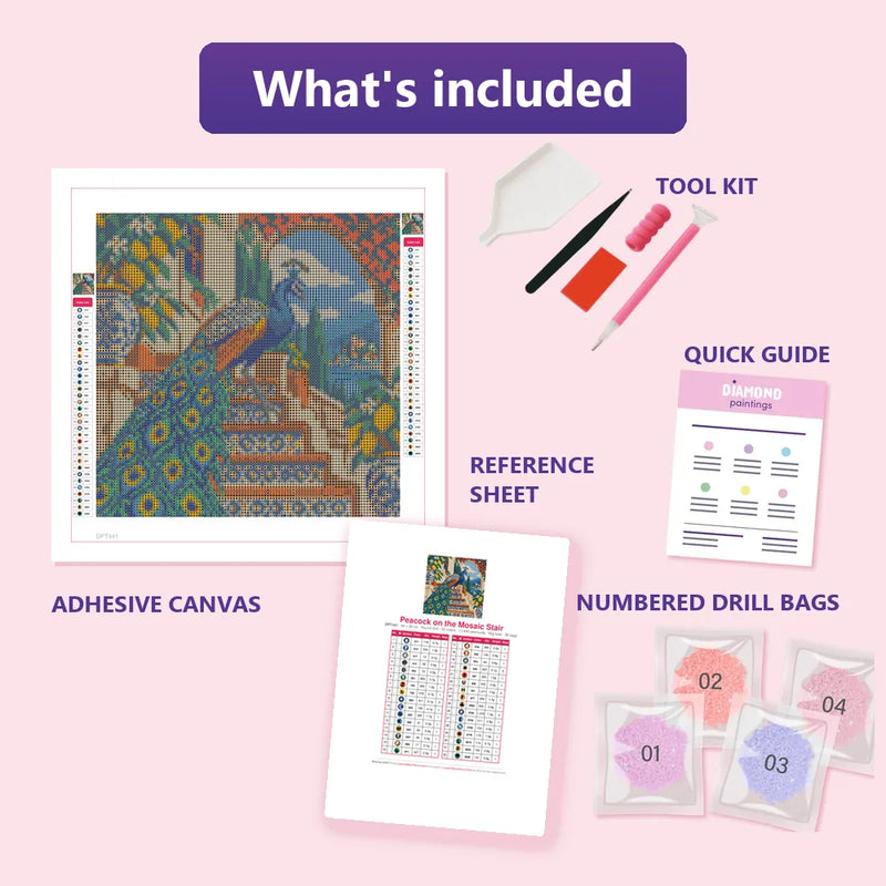 What is included in the Peacock on the Mosaic Stair diamond painting kit - adhesive canvas, reference sheet, tools and numbered drill bags