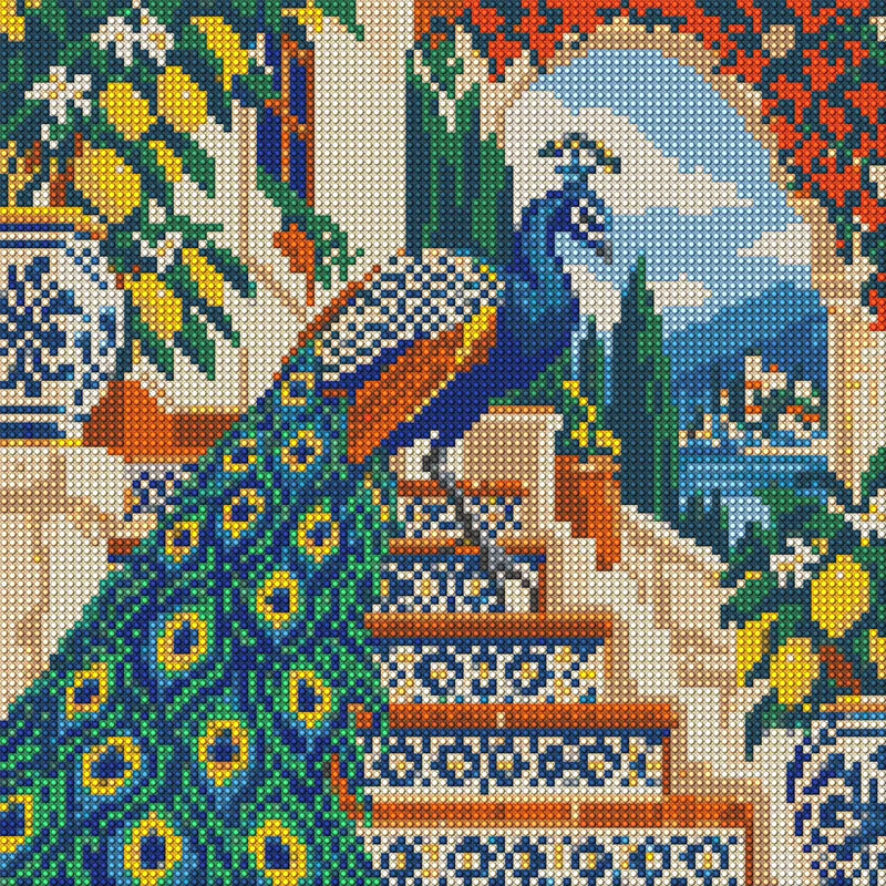 Peacock on the Mosaic Stair, 30x30 cm diamond painting – full design preview without the close-up inset