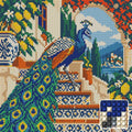 Thumbnail for Peacock on the Mosaic Stair, 30x30 cm diamond painting – finished design preview with a close-up of round drills
