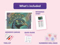 Thumbnail for Peacock Portrait 60x40cm diamond painting kit contents: adhesive canvas, color chart, tools and diamond bags