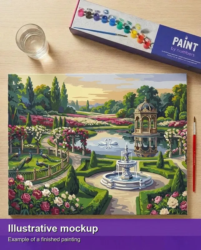 Finished paint by numbers mockup - Peacocks and Gazebo Garden 50x40cm