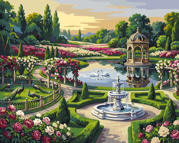 Peacocks, fountain, and gazebo in a garden paint by numbers.