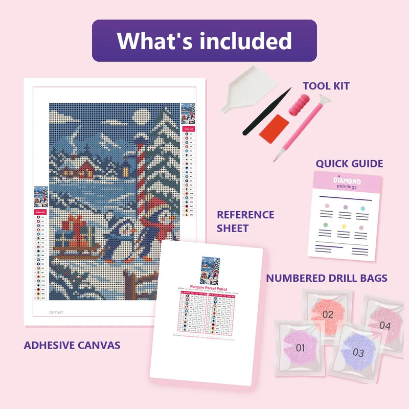 What is included in the Penguin Parcel Patrol diamond painting kit - adhesive canvas, reference sheet, tools and numbered drill bags