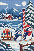 Miniatyrbild: Pingviner med en kälke lastad med paket i ett snöigt landskap