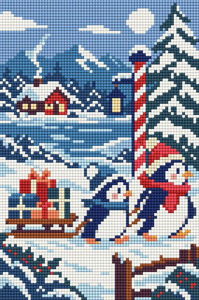 Pingviner med en kälke lastad med paket i ett snöigt landskap