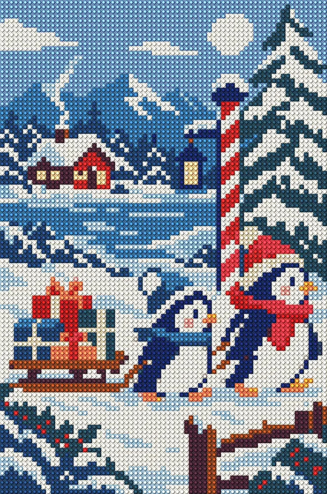 Penguin Parcel Patrol, 20x30 cm diamond painting – full design preview without the close-up inset