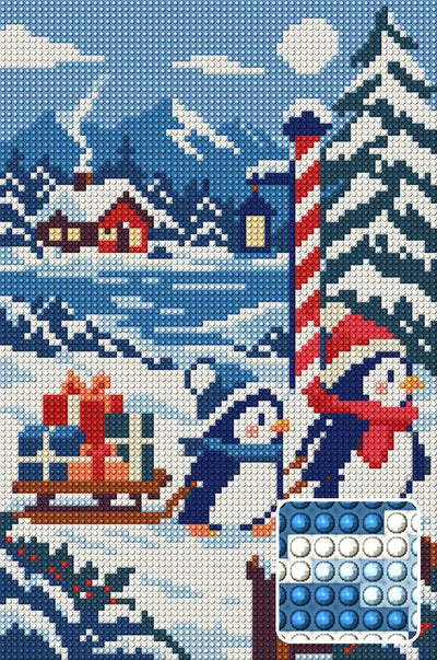 Penguin Parcel Patrol, 20x30 cm diamond painting – finished design preview with a close-up of round drills