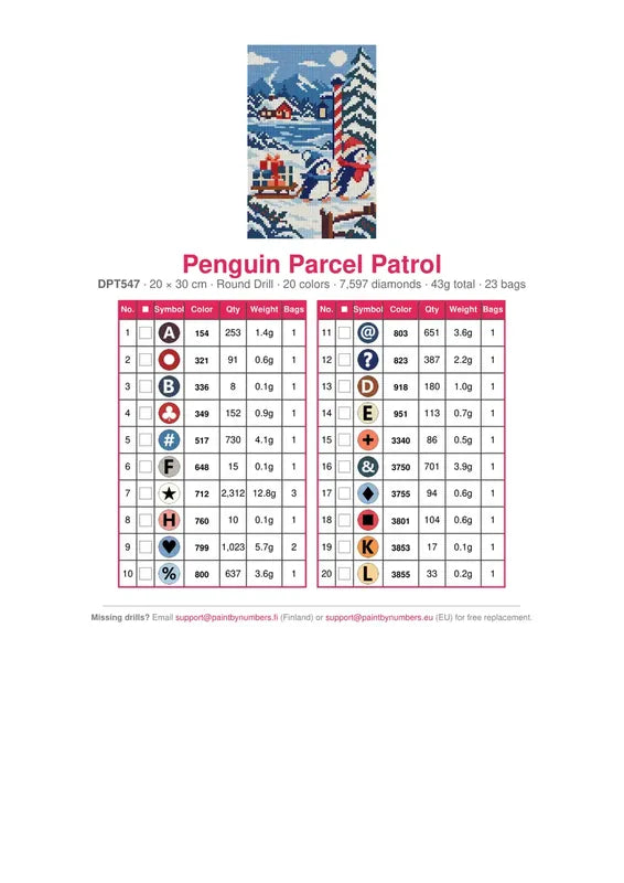 DMC color chart for Penguin Parcel Patrol diamond painting - 20 colors