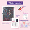 Thumbnail for What is included in the Pensive Man by Window diamond painting kit - adhesive canvas, reference sheet, tools and numbered drill bags