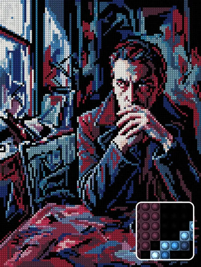 Pensive Man by Window, 30x40 cm diamond painting – finished design preview with a close-up of round drills