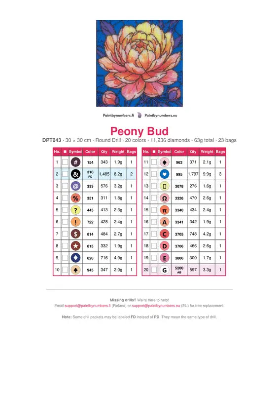 Peony Bud diamond painting color chart – 20 DMC colors