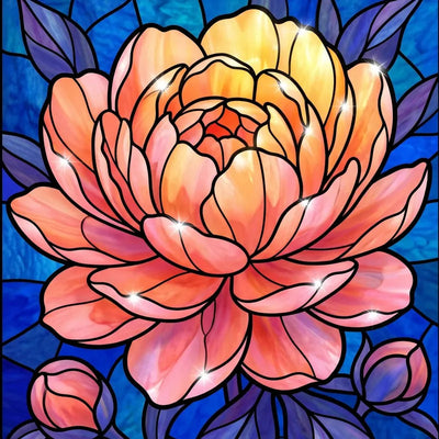 Diamond painting of a large orange peony with a stained-glass-style background.
