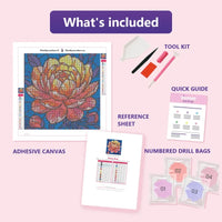 Thumbnail for Peony Bud 30x30cm diamond painting kit contents: adhesive canvas, color chart, tools and diamond bags