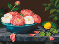 Thumbnail for Paint by numbers of pink and white peonies in a turquoise basin on a stone ledge beside a lemon and shears.
