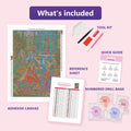 Thumbnail for What is included in the Persian Miniature Garden diamond painting kit - adhesive canvas, reference sheet, tools and numbered drill bags