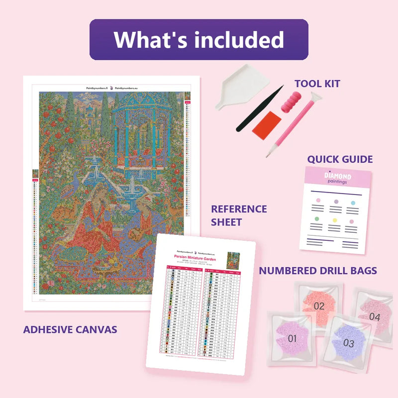 What is included in the Persian Miniature Garden diamond painting kit - adhesive canvas, reference sheet, tools and numbered drill bags