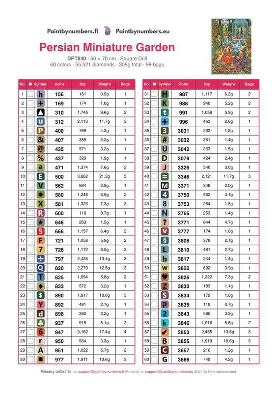 DMC color chart for Persian Miniature Garden diamond painting - 60 colors