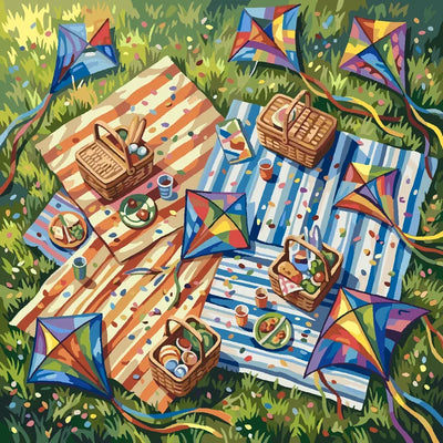 Picnic blankets, baskets, and colorful kites paint by numbers.