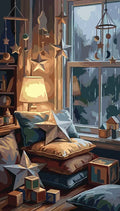 Thumbnail for Pillows, wooden stars and blocks by a window paint by numbers.