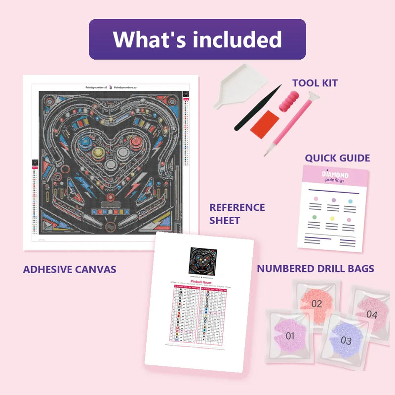 Pinball Heart 50x50cm diamond painting kit contents: adhesive canvas, color chart, tools, and diamond bags
