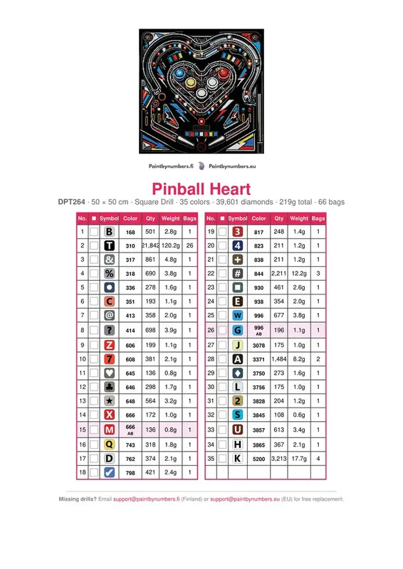 Pinball Heart diamond painting color chart – 35 DMC colors