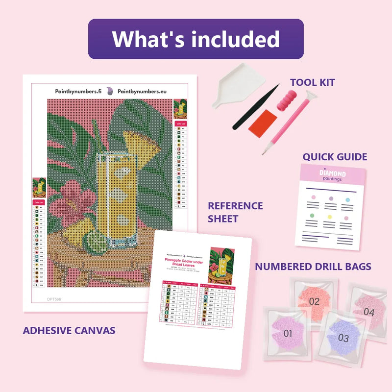What is included in the Pineapple Cooler under Broad Leaves diamond painting kit - adhesive canvas, reference sheet, tools and numbered drill bags