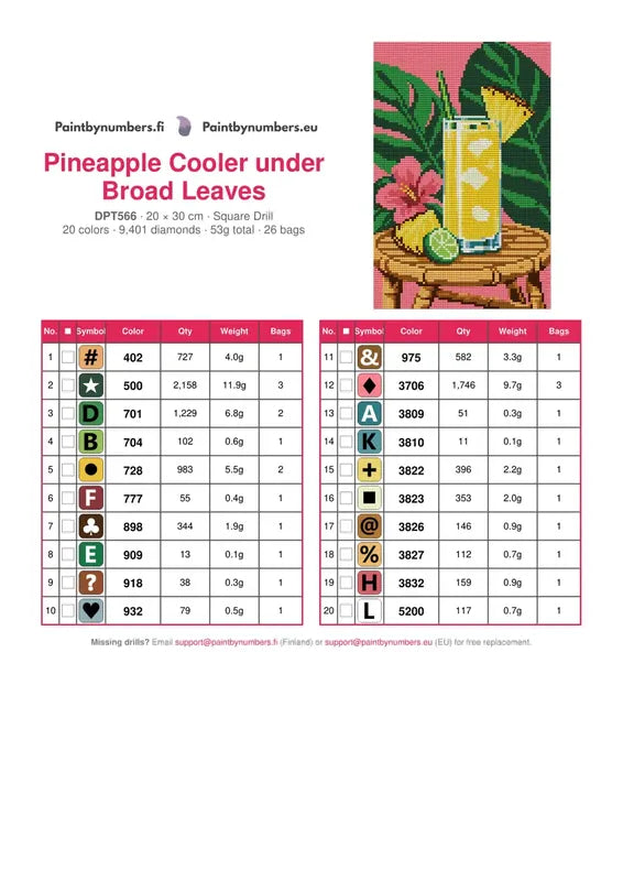 DMC color chart for Pineapple Cooler under Broad Leaves diamond painting - 20 colors