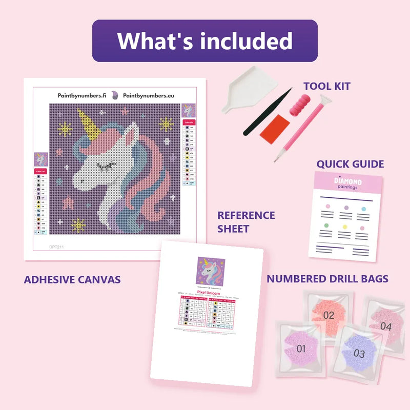 What is included in the Pixel Unicorn diamond painting kit - adhesive canvas, reference sheet, tools and numbered drill bags