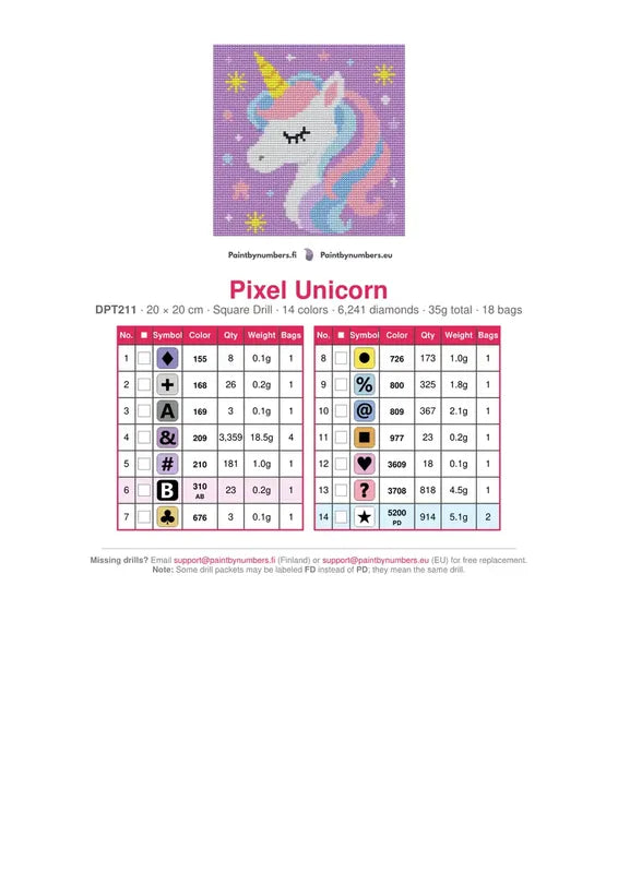 DMC color chart for Pixel Unicorn diamond painting - 14 colors