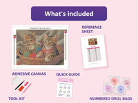 Thumbnail for Playful Kittens 40x30cm diamond painting kit contents: adhesive canvas, color chart, tools and diamond bags