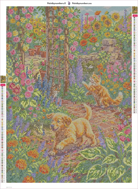 Diamond painting adhesive canvas preview - Playful Puppy and Kittens in Garden