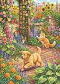 Miniatyrbild: Hund och katter som leker bland färgstarka trädgårdsblommor framför en grönskande stenmur