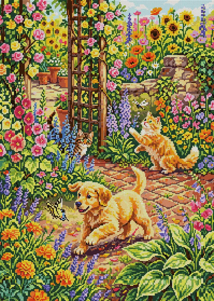 Playful Puppy and Kittens in Garden, 50x70 cm diamond painting – full design preview without the close-up inset