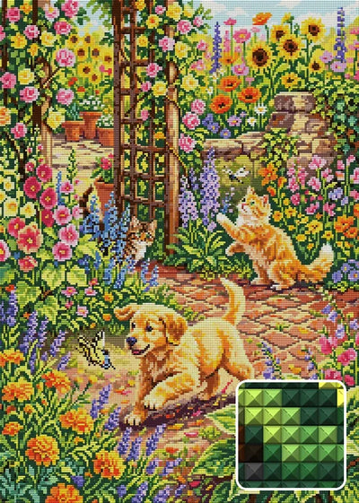 Playful Puppy and Kittens in Garden, 50x70 cm diamond painting – finished design preview with a close-up of square drills