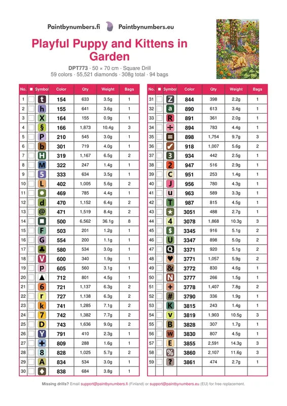 DMC color chart for Playful Puppy and Kittens in Garden diamond painting - 59 colors