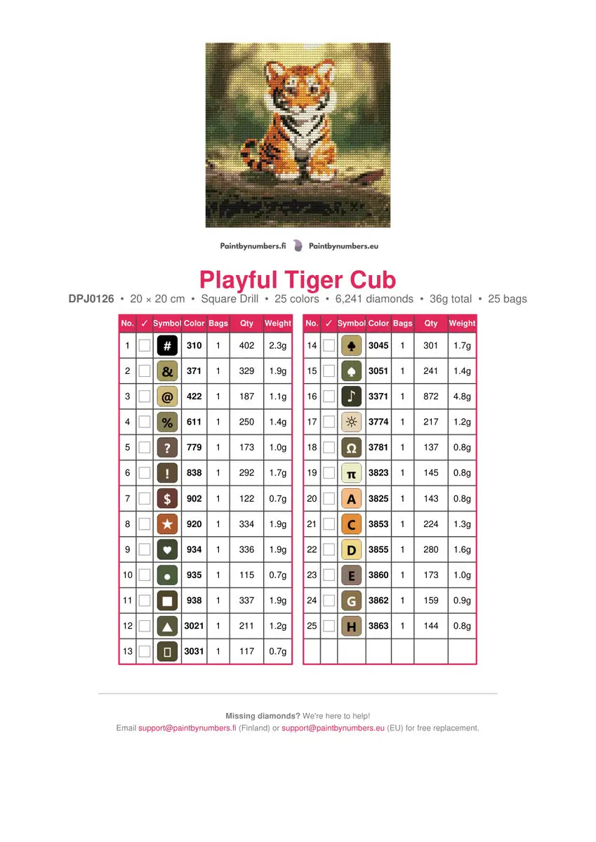Playful Tiger Cub diamond painting color chart – 25 DMC colors
